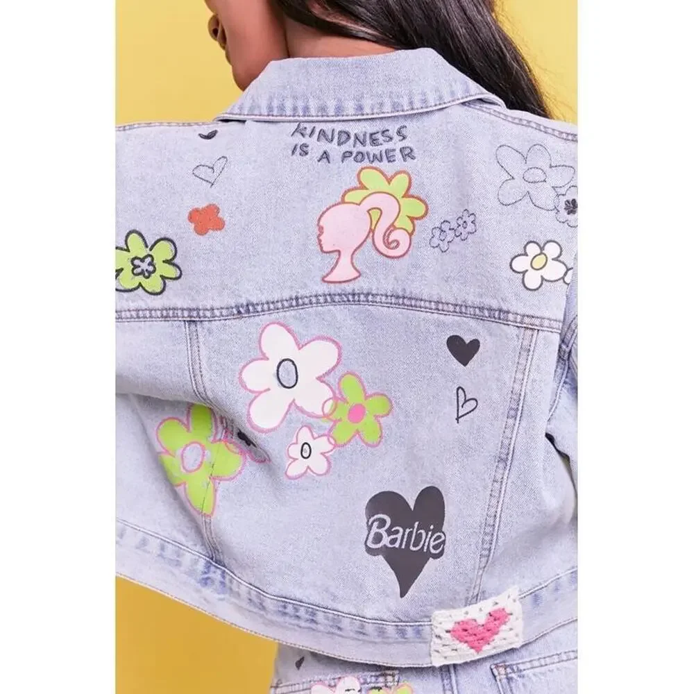 Forever 21 Barbie Kindness is a Power Cropped Denim Jean Jacket Women SZ L